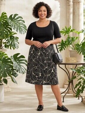 Talbots Woman Tropical Leaf Print Pencil Skirt Black White Cotton Stretch 20W